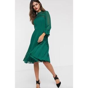 ASOS DESIGN Lace Insert Pleated Midi Skater Dress in Green